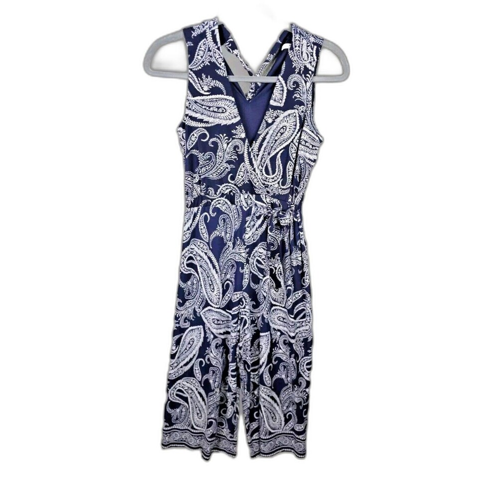 Studio One Jumpsuit Blue White Paisley M Boho Halter Wide Leg Tie Waist